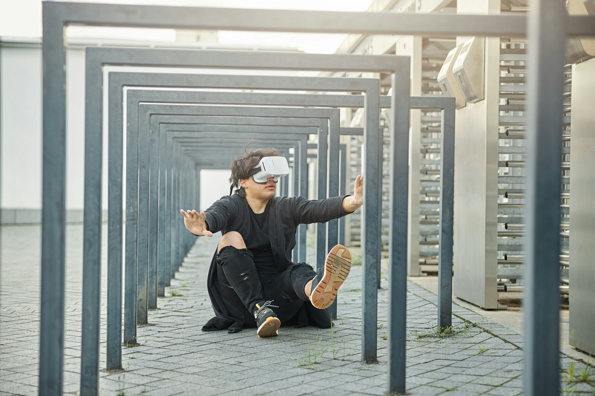 Handsome Young Man Using Vr Headset Outdoors