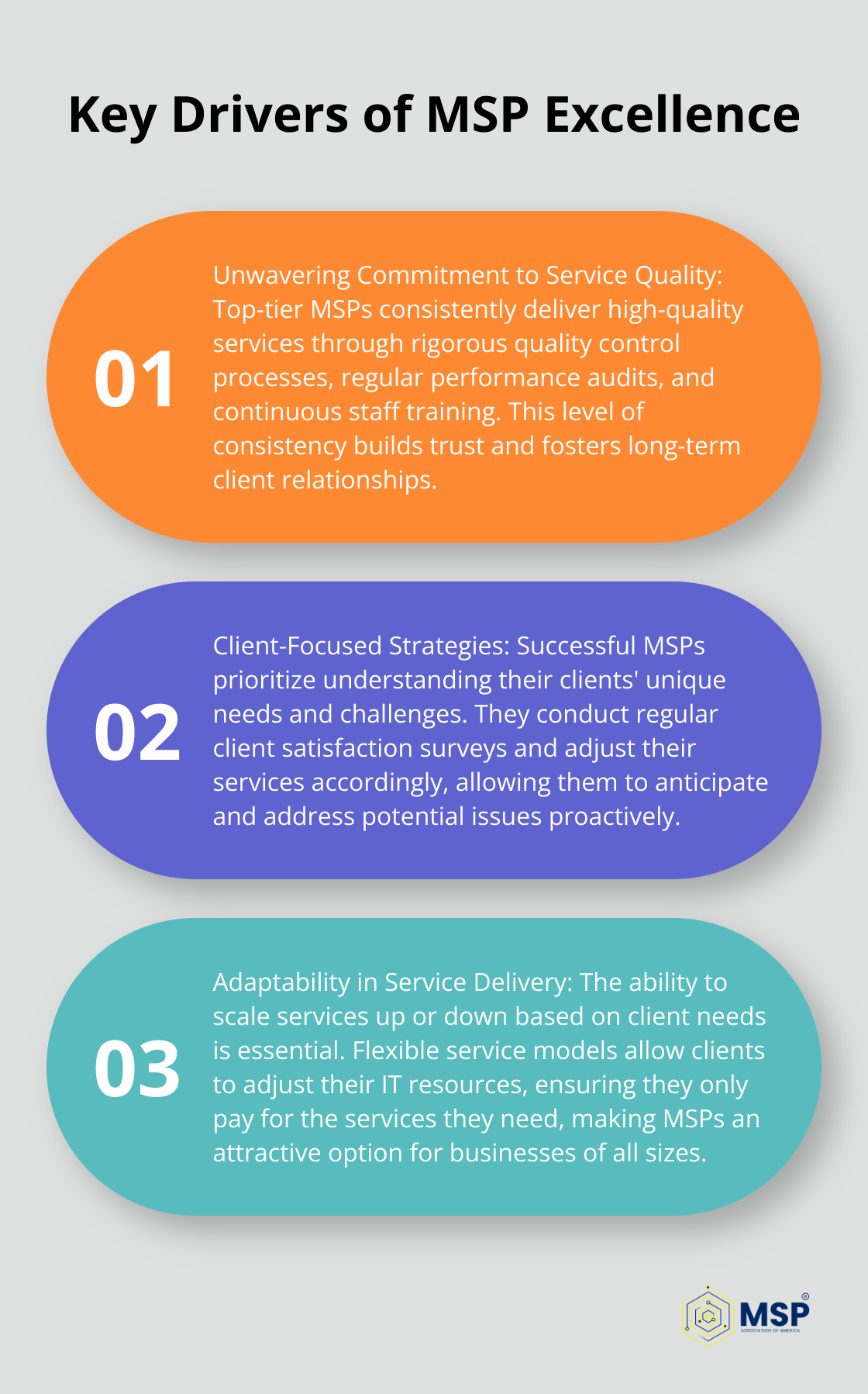 Ordered list chart showcasing three key drivers of Managed Service Provider excellence: service quality, client-focused strategies, and adaptability. - biggest managed service providers