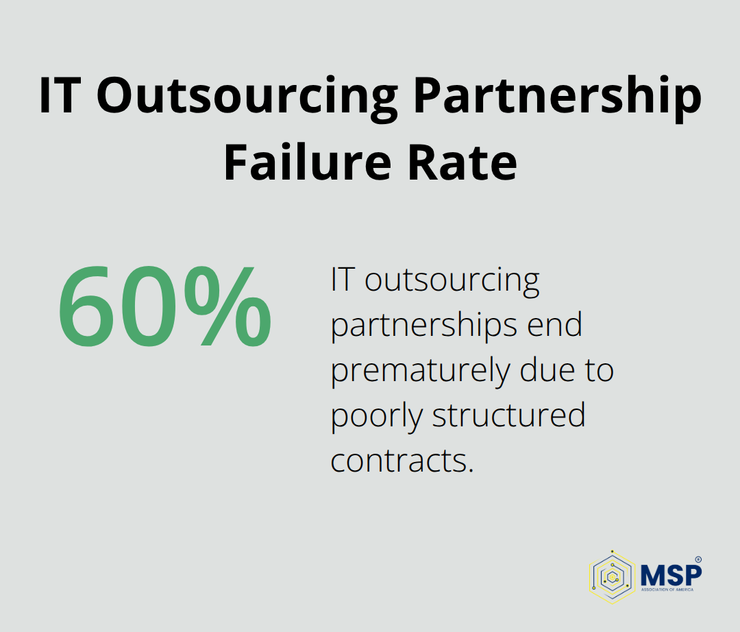 Pie chart showing 60% of IT outsourcing partnerships end prematurely due to poorly structured contracts
