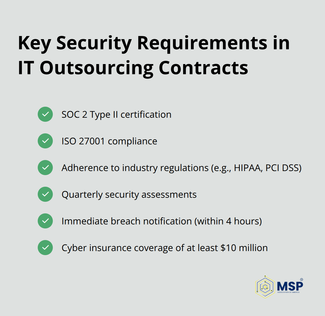 Checklist of essential security requirements for IT outsourcing contracts including SOC 2 Type II certification, ISO 27001 compliance, and cyber insurance coverage - it outsourcing agreement